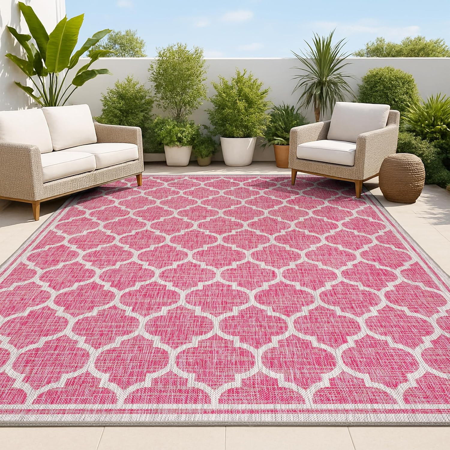 Fuchsia/Light Gray Moroccan Trellis 5×8 Indoor Outdoor Area Rug – Pet-Friendly