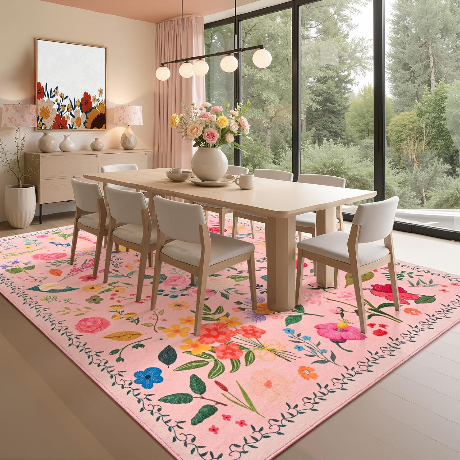 5X7 Area Rug for Living Room,Washable Rugs for Bedroom Dorm,Pink | Floral Rugs w