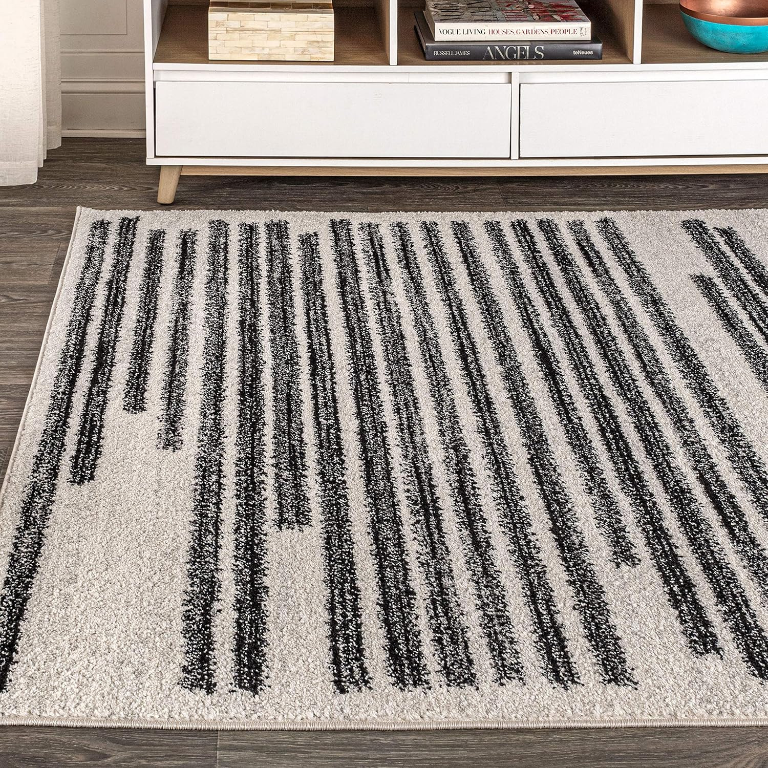 Khalil Modern Berber Stripe Cream/Black Area Rug, 10×13, Easy-Clean, Pet Friendl