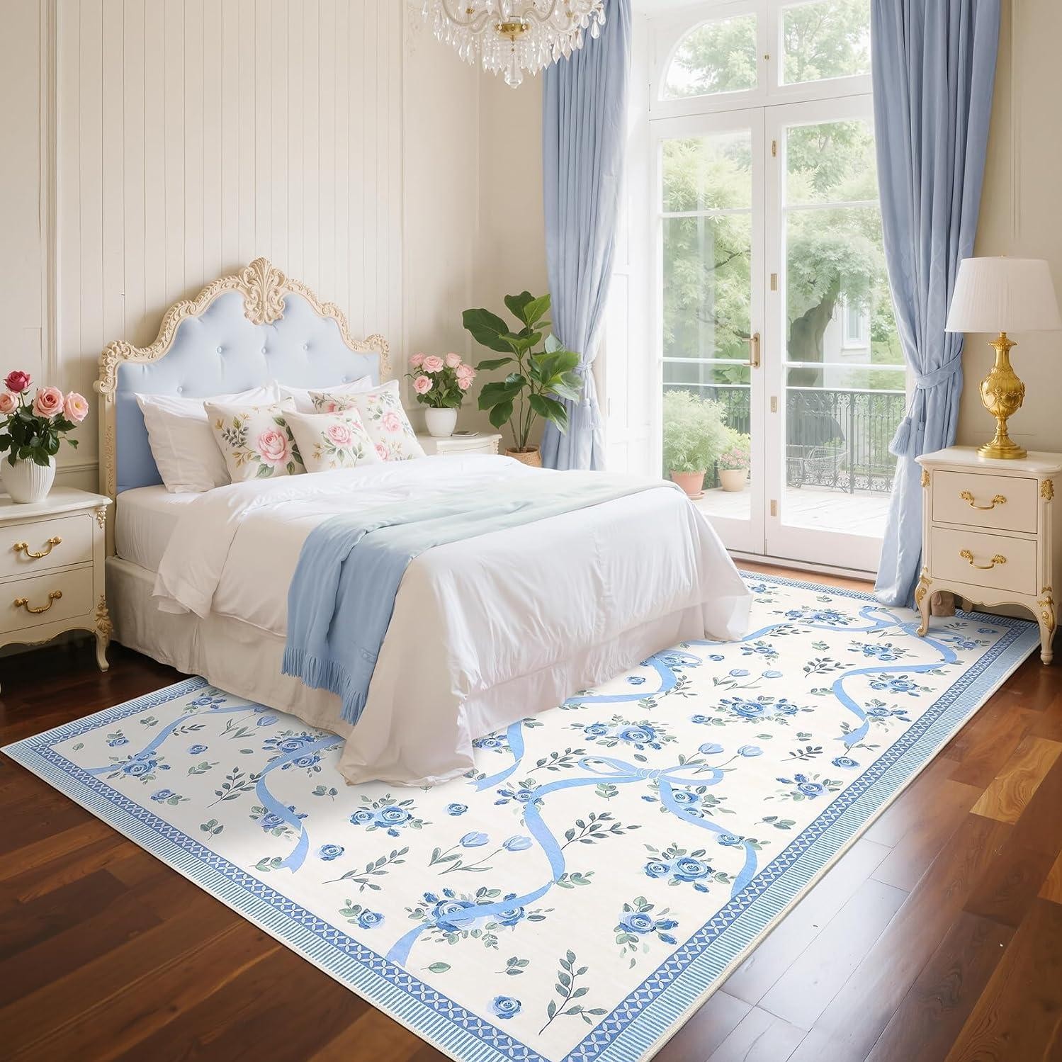 Floral Bow Rugs for Bedroom Girls, 8×10 Area Rug for Living Room | Non Slip