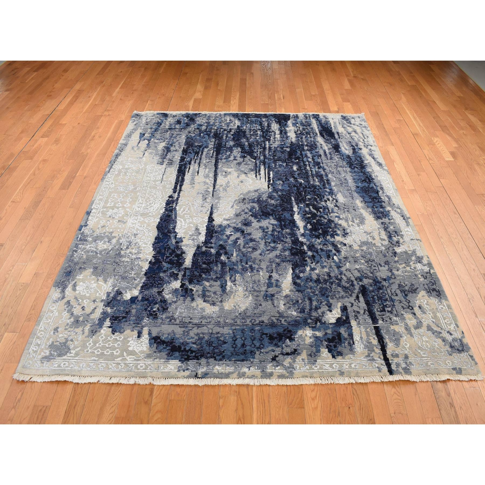 12’x14’9″ Denim Wool and Silk Shibori Design Hand Knotted Oversized Rug r87667