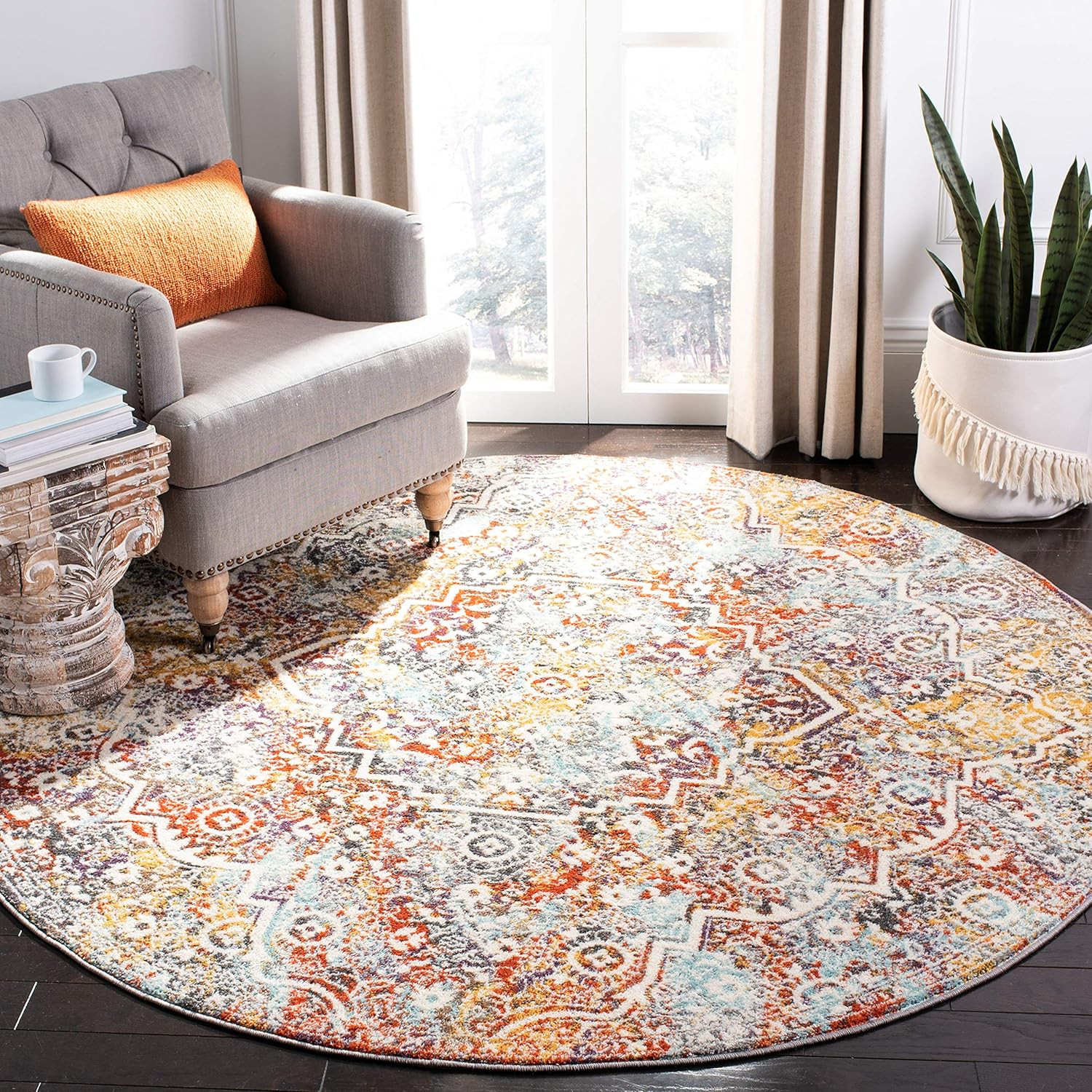 Madison Collection 6’7″ round Light Grey/Light Blue MAD946G Boho Chic Medallion