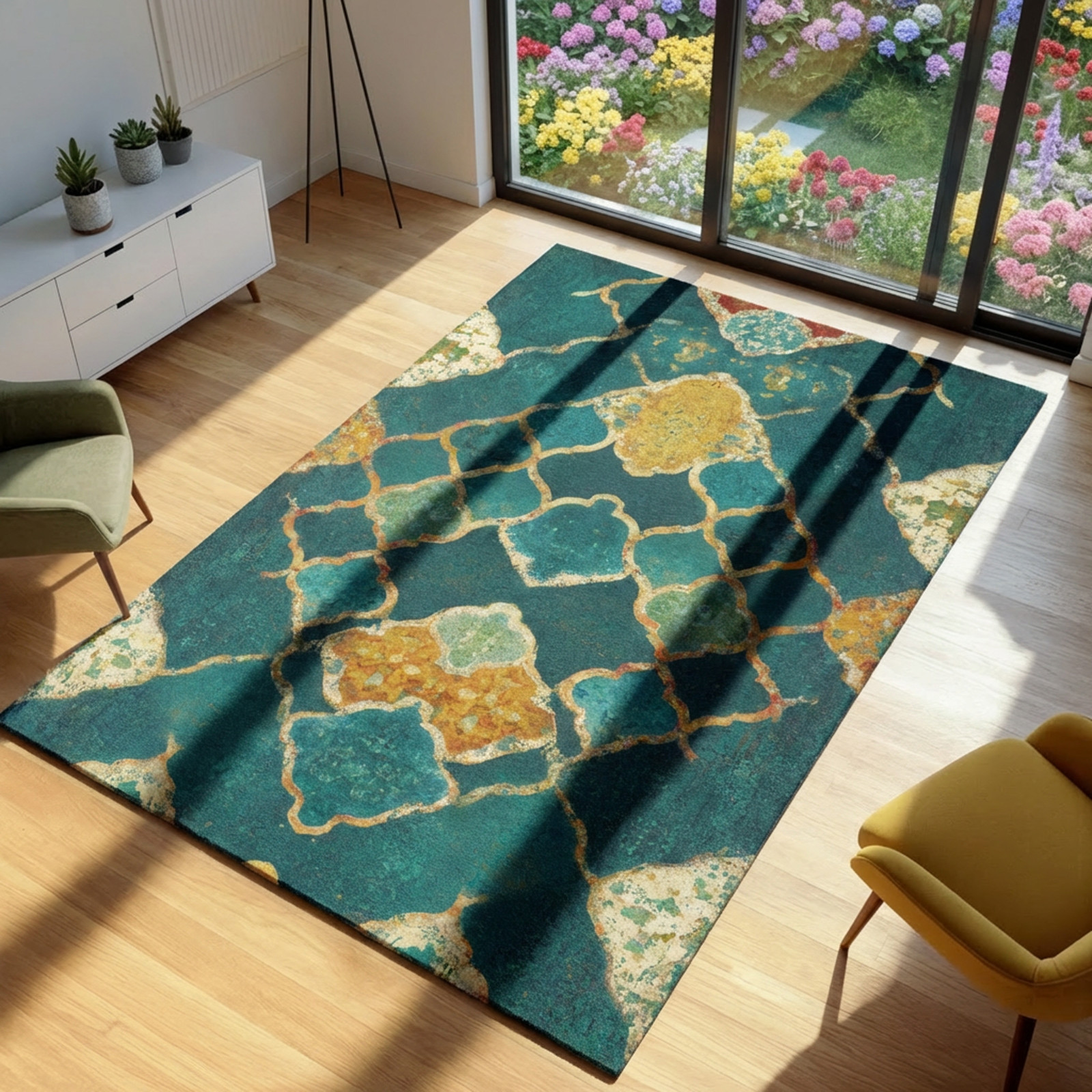 Moroccan Style Area Rug, Teal Blue Floor Mat, Quatrefoil Pattern Carpet Bohemian