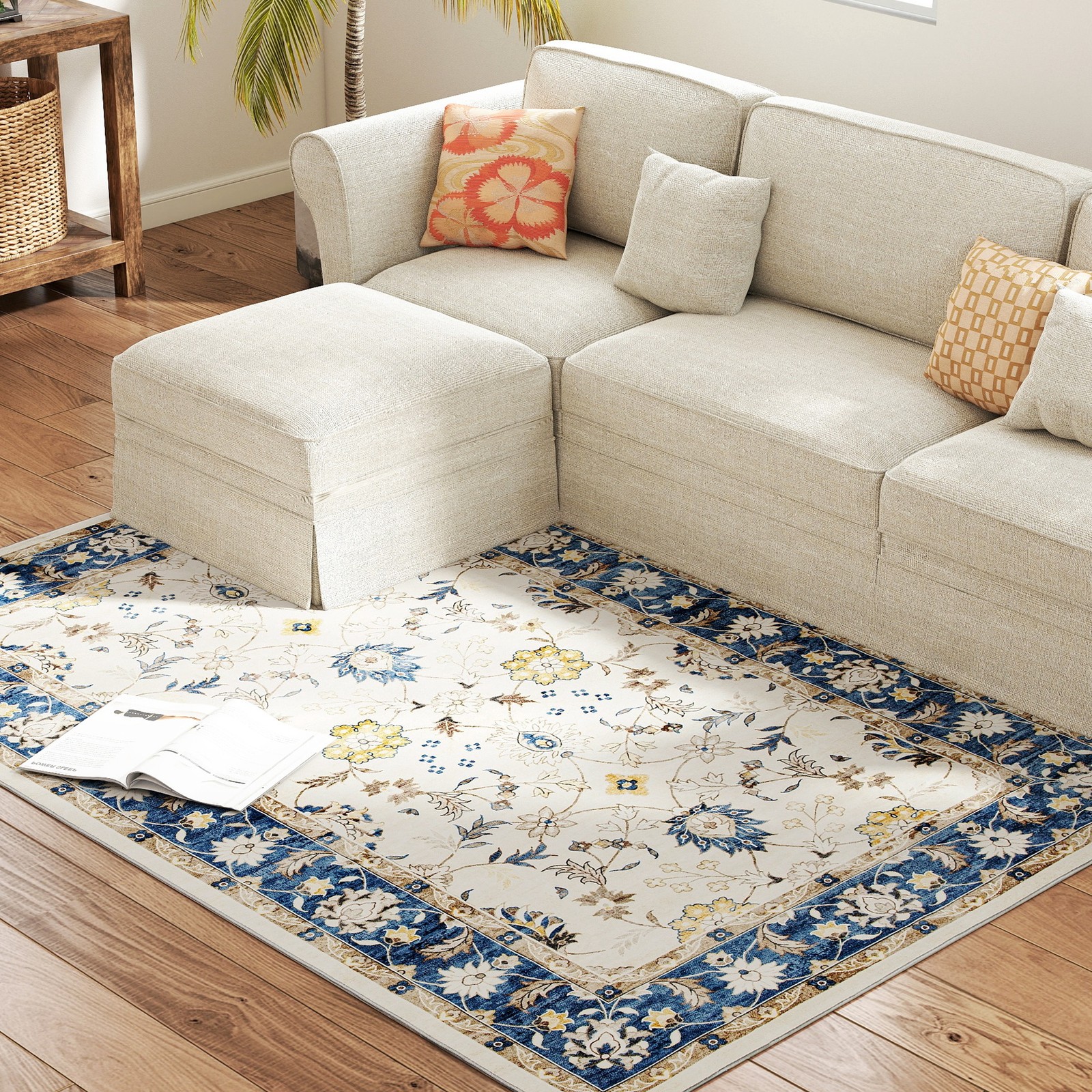 HOMCOM Machine Washable Area Rug 4×6, Boho Floral Print Carpet, Blue