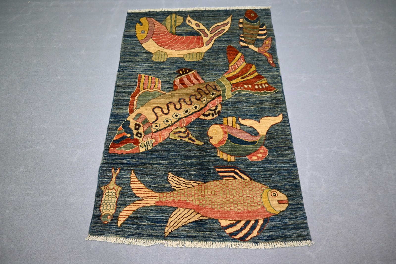 3×5 ft Blue Fish Area Rug, Hand Knotted veg dye Kids Room Rug, Wall Hanging Rug