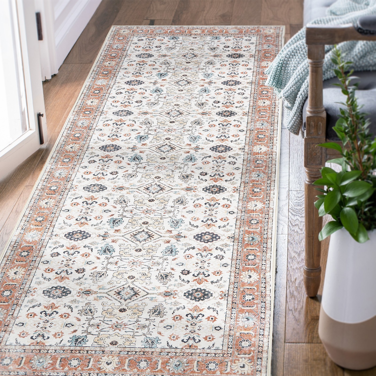 2×10 Vintage Floral Runner Rug Washable Non-Slip Hallway Kitchen Orange