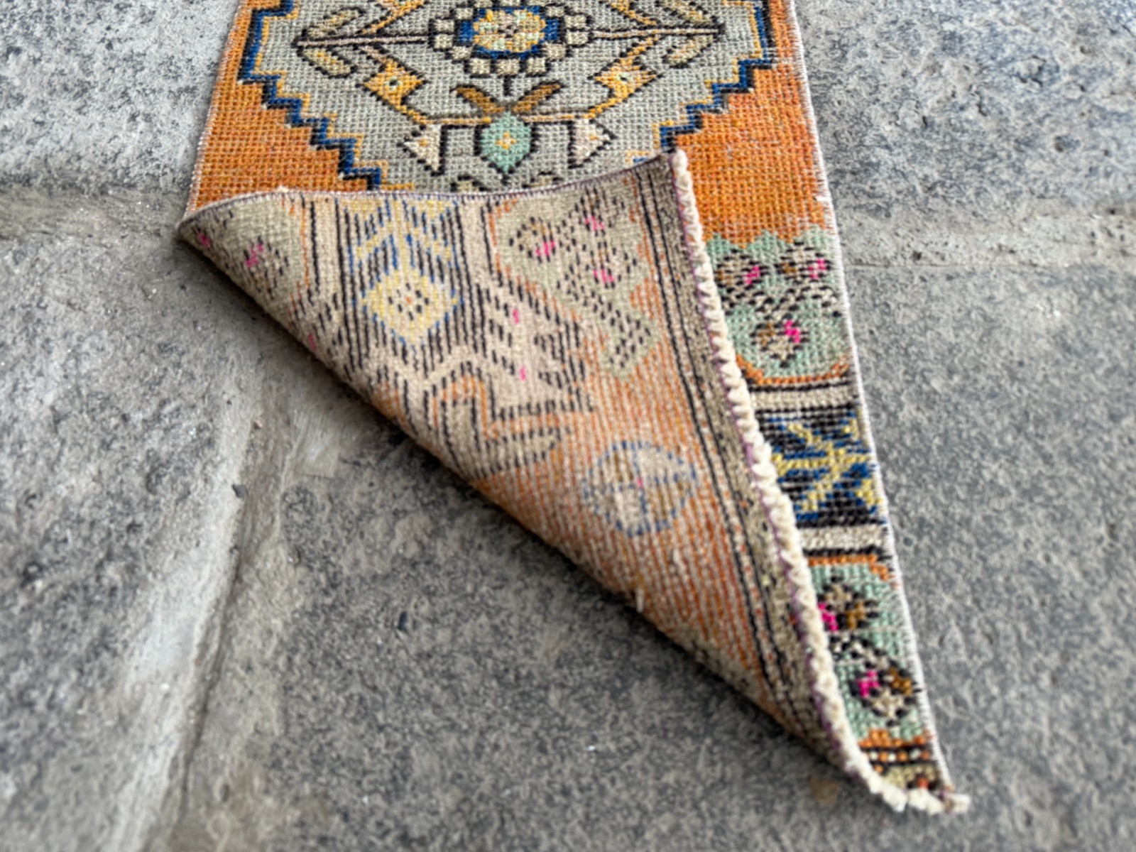 Vintage Oushak Rug 1.2×3.1 ft Burnt Orange Grey Turkish Small Accent Rug