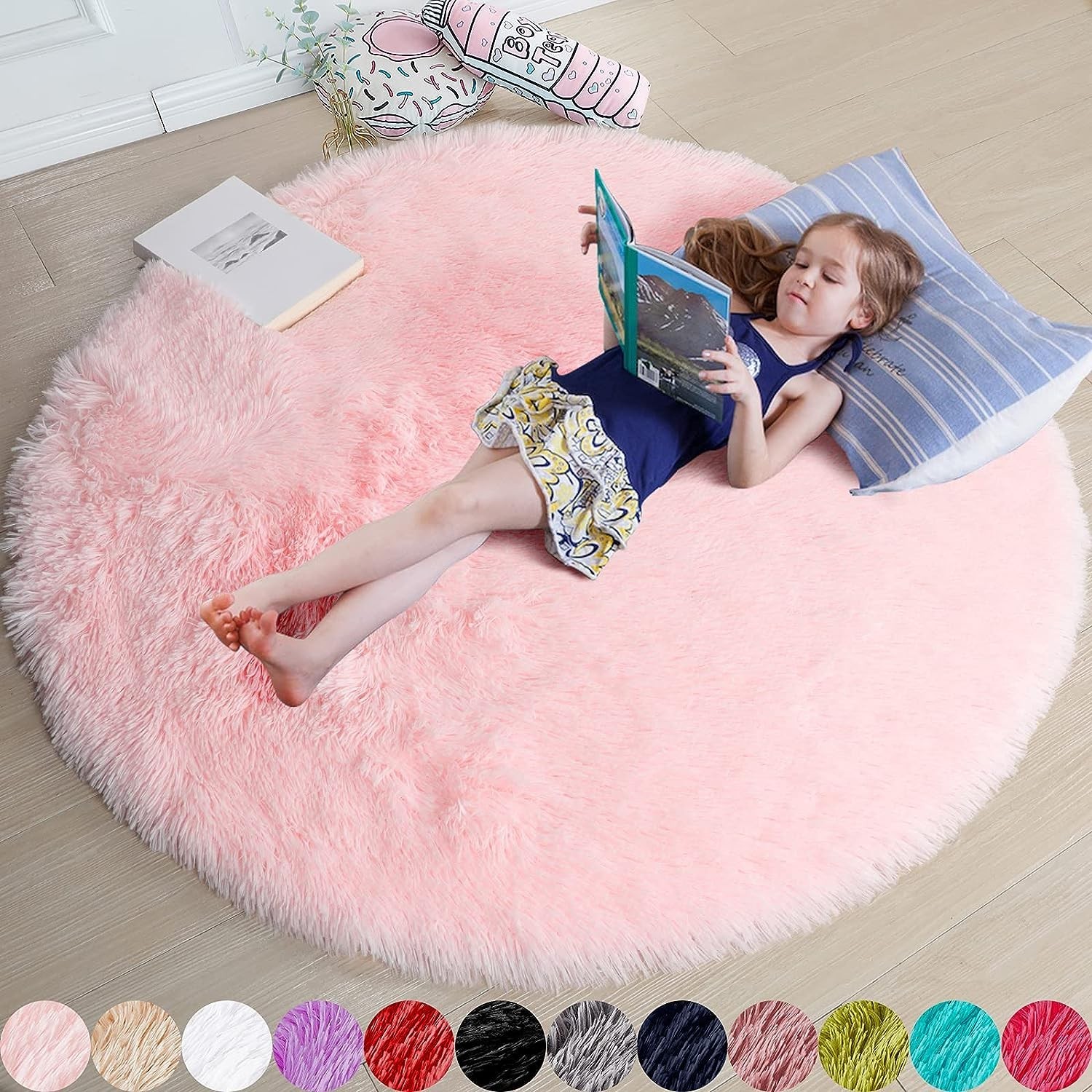 Light Pink Round Circle Rug 4Ft for Girls Bedroom, Fluffy Cute Area Rugs for …