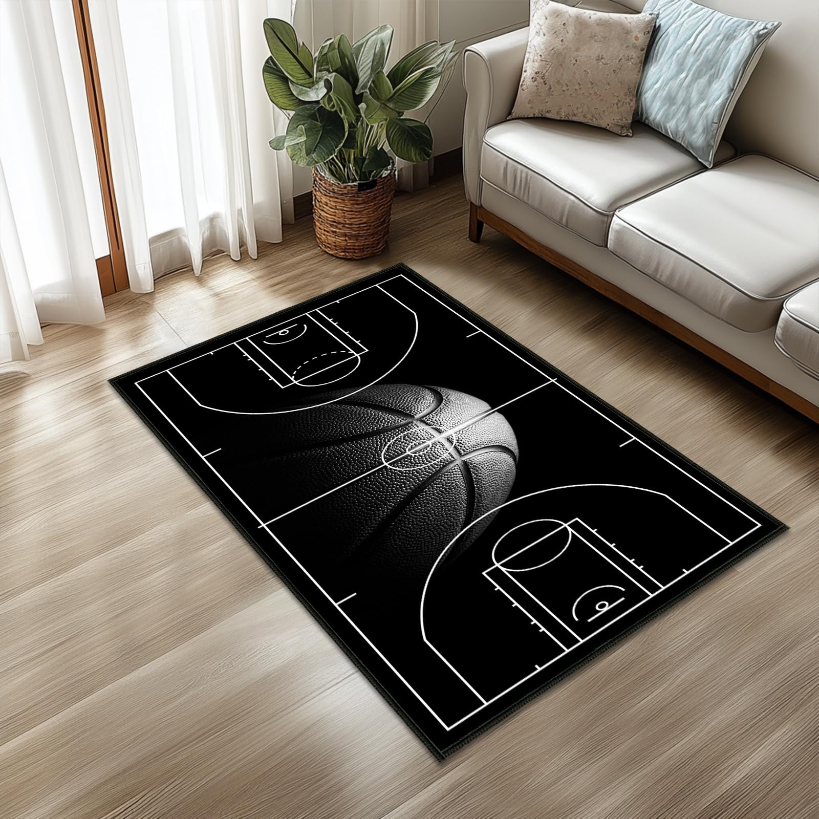 Basketball Court Area Rug 2×3 Ft Black Washable Non Slip Indoor Door Mat