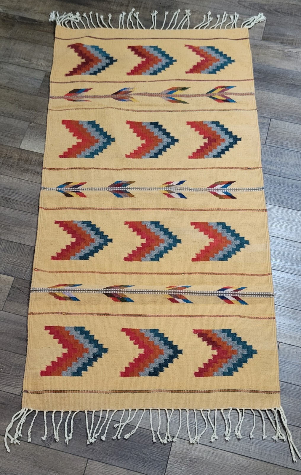 Vintage Native Aztek Design Woven Wool Rug 60″ x 32″ Beautiful!