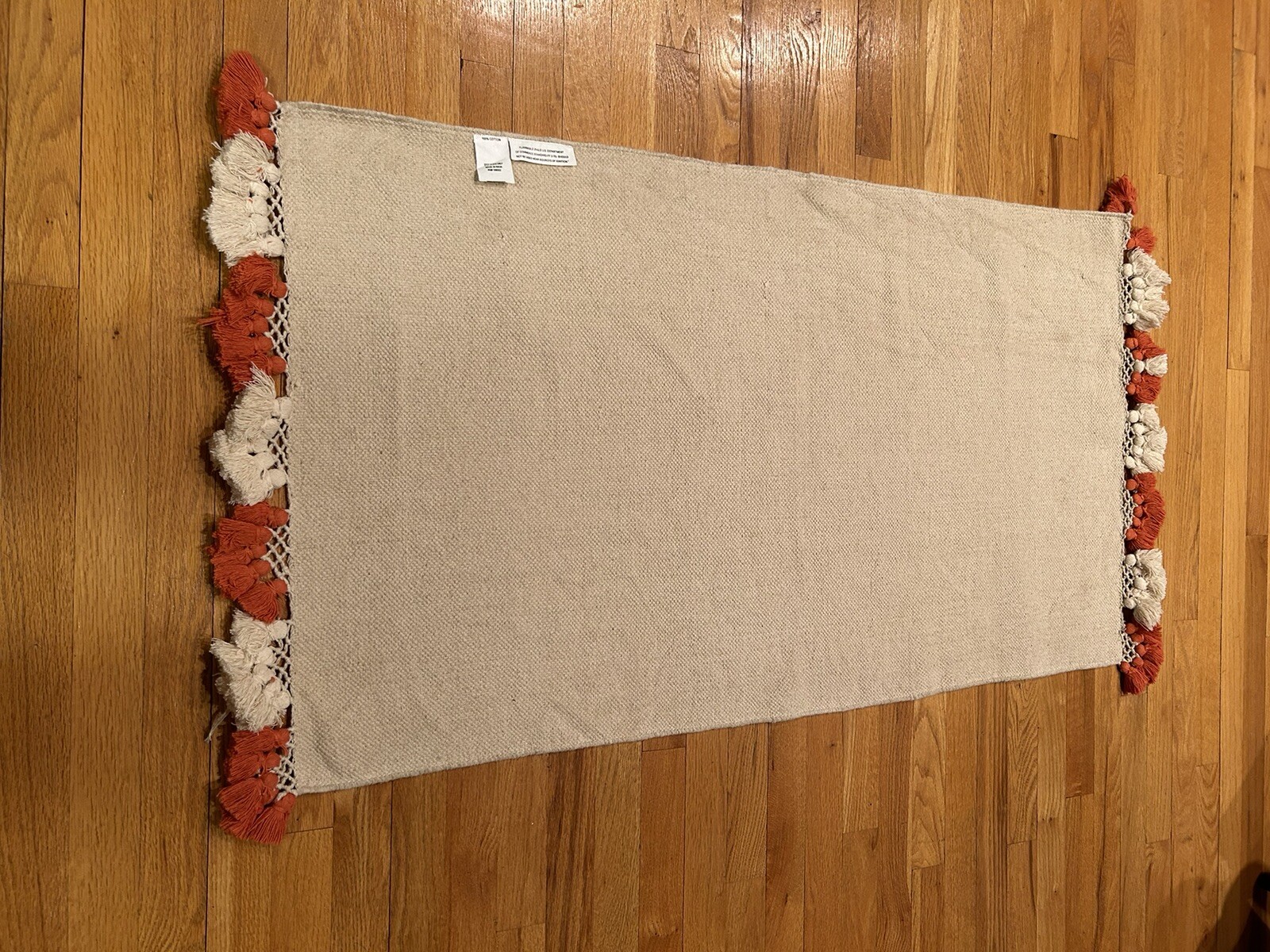 Boho Floor Cloth Rug Black Design Orange And Off White Tassels Cotton 27×51