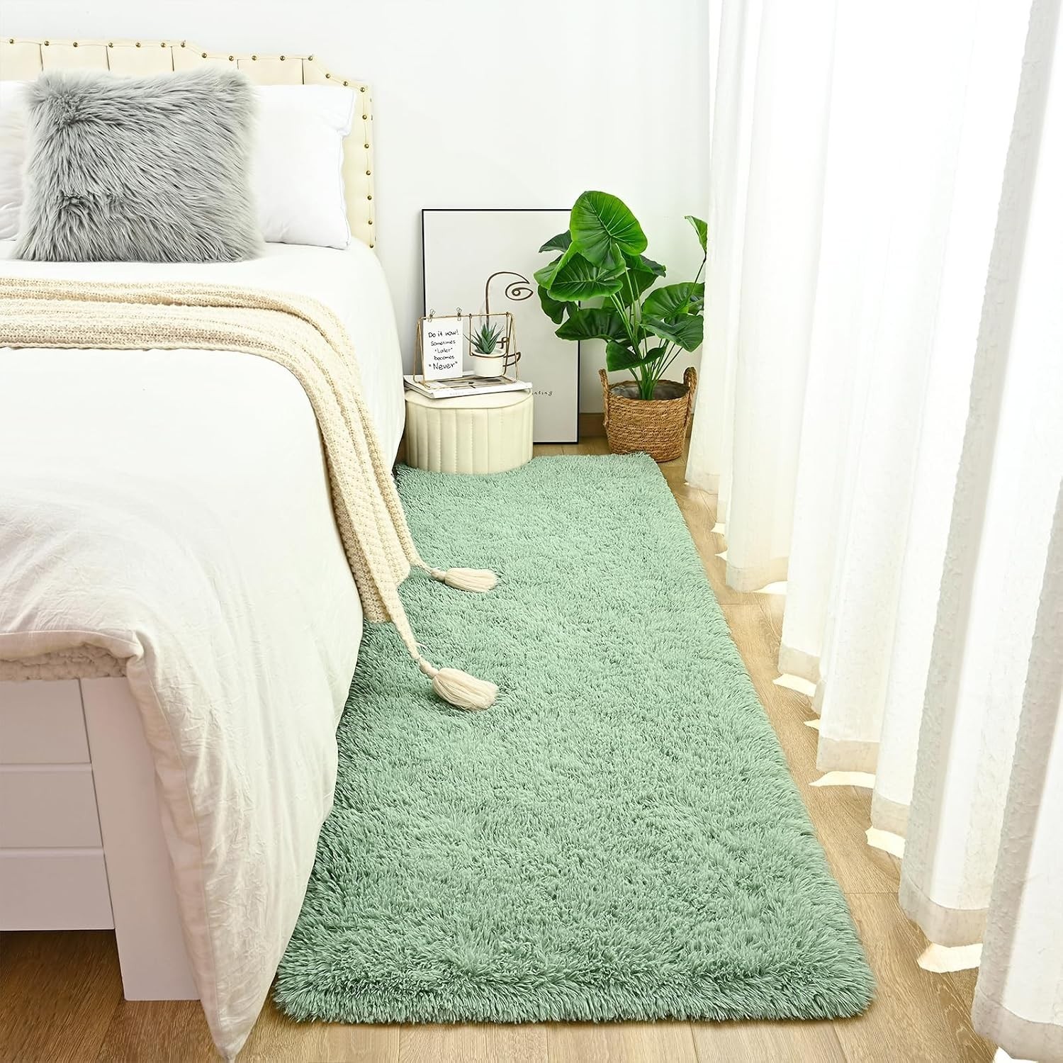 Fluffy Sage Runner Rugs for Bedroom, 2×6 Feet Soft Plush 2 Ft X 6 Ft Green