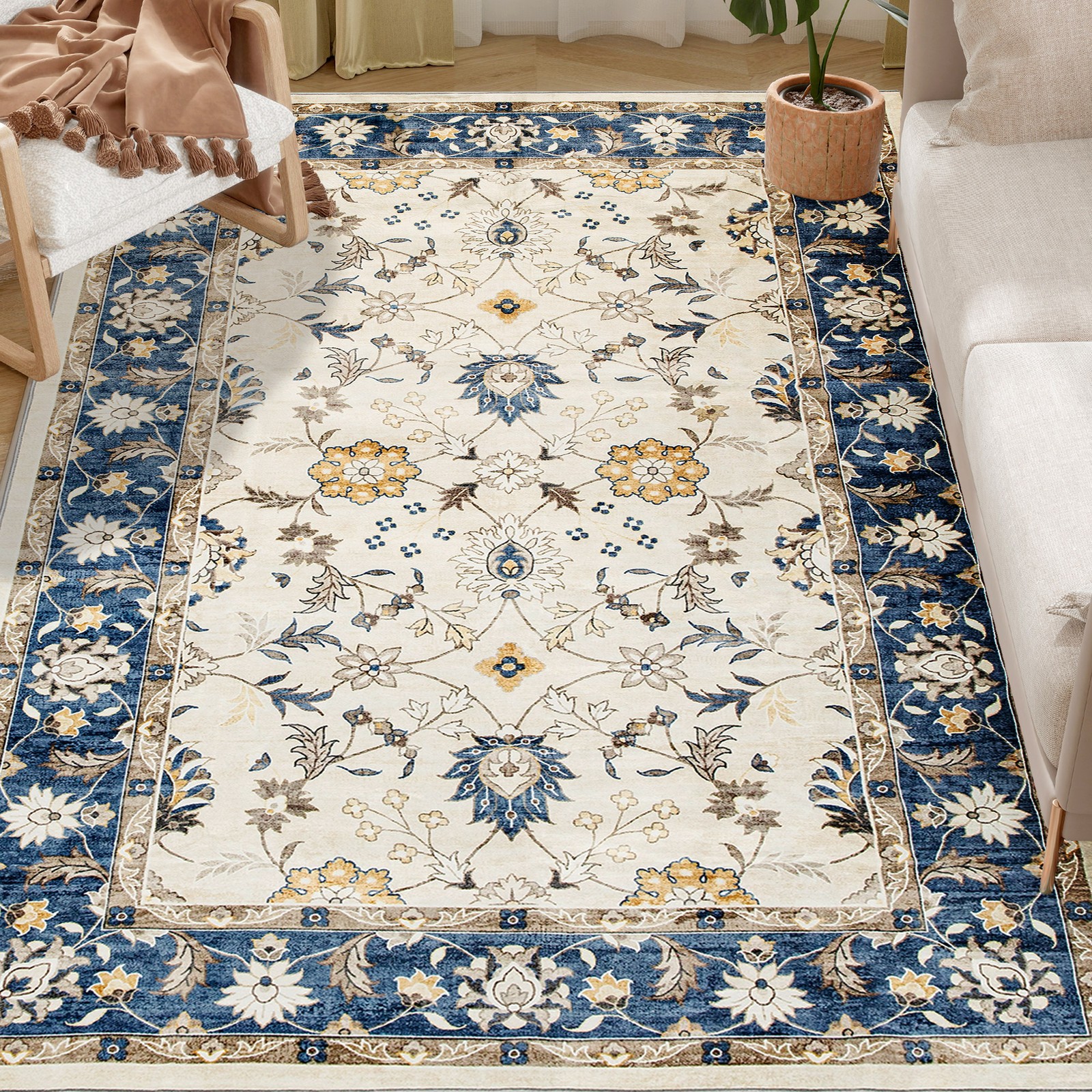 HOMCOM Machine Washable Area Rug 4×6, Boho Floral Print Carpet, Blue