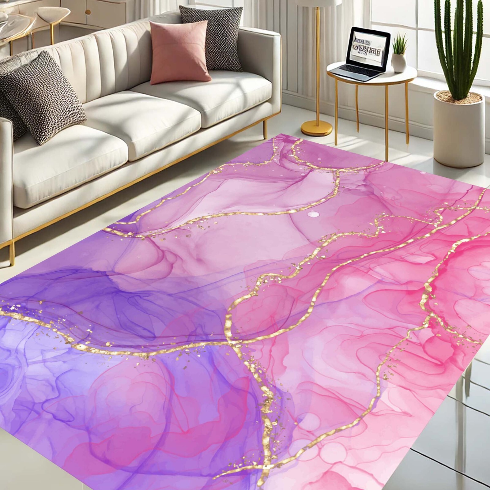 Pink Purple Marble Rug, Gold Vein Abstract Carpet, Modern Glam Room Decor