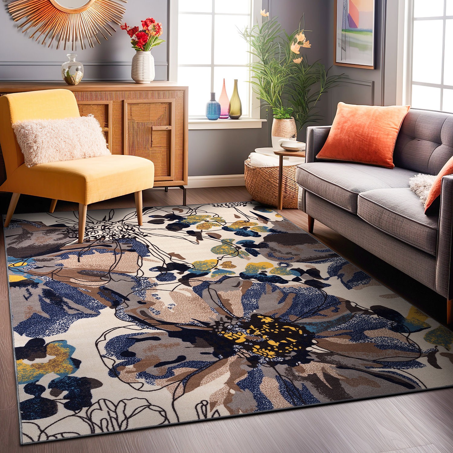 Rugsop Area Rug Modern Bright Flowers Non-Slip Carpet Large Living Room Rug 8×10