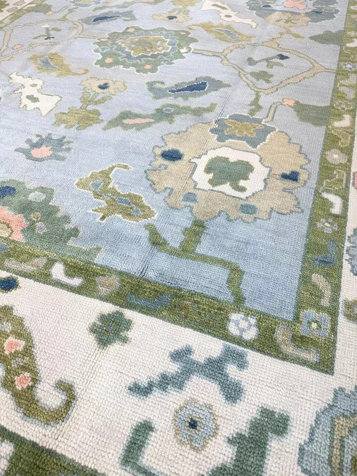 Green Blue Hand Knotted Oushak Rug Turkish Wool Area Carpet For Living Room 8×10