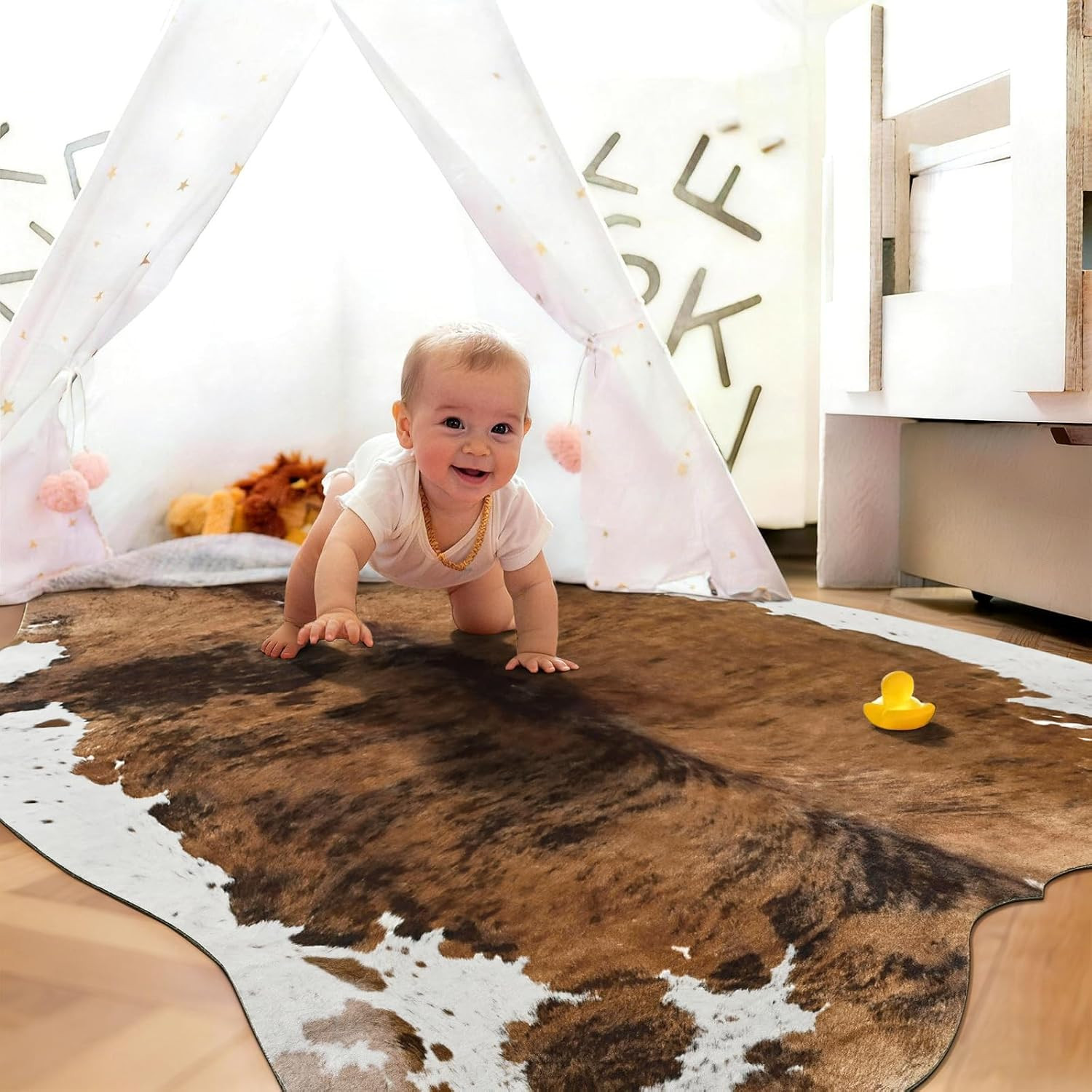 Faux Cowhide Print Rug for Living Room, 4.6 X 5.2 Ft Brown Western Animal Cow Hi