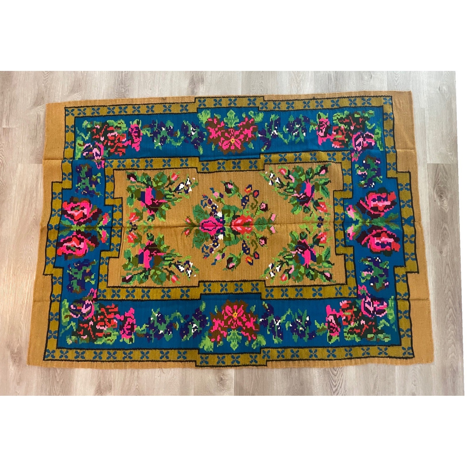 Vintage Bessarabian Kilim Rug Floral Rose Wool 70×50 Moldovan Romanian Flatweave