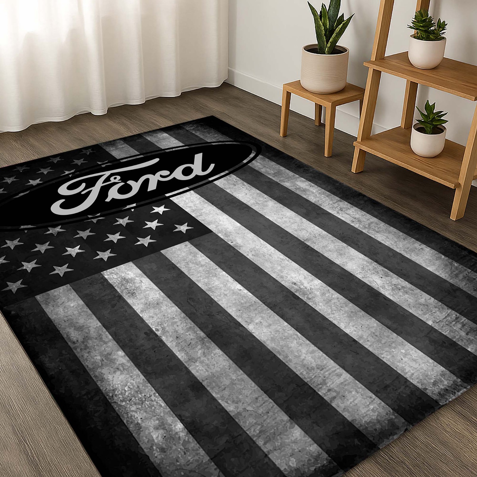 Ford Rug, American Flag Rug, Patriotic Rug, Car Lover Gift,Garage Decoration Rug