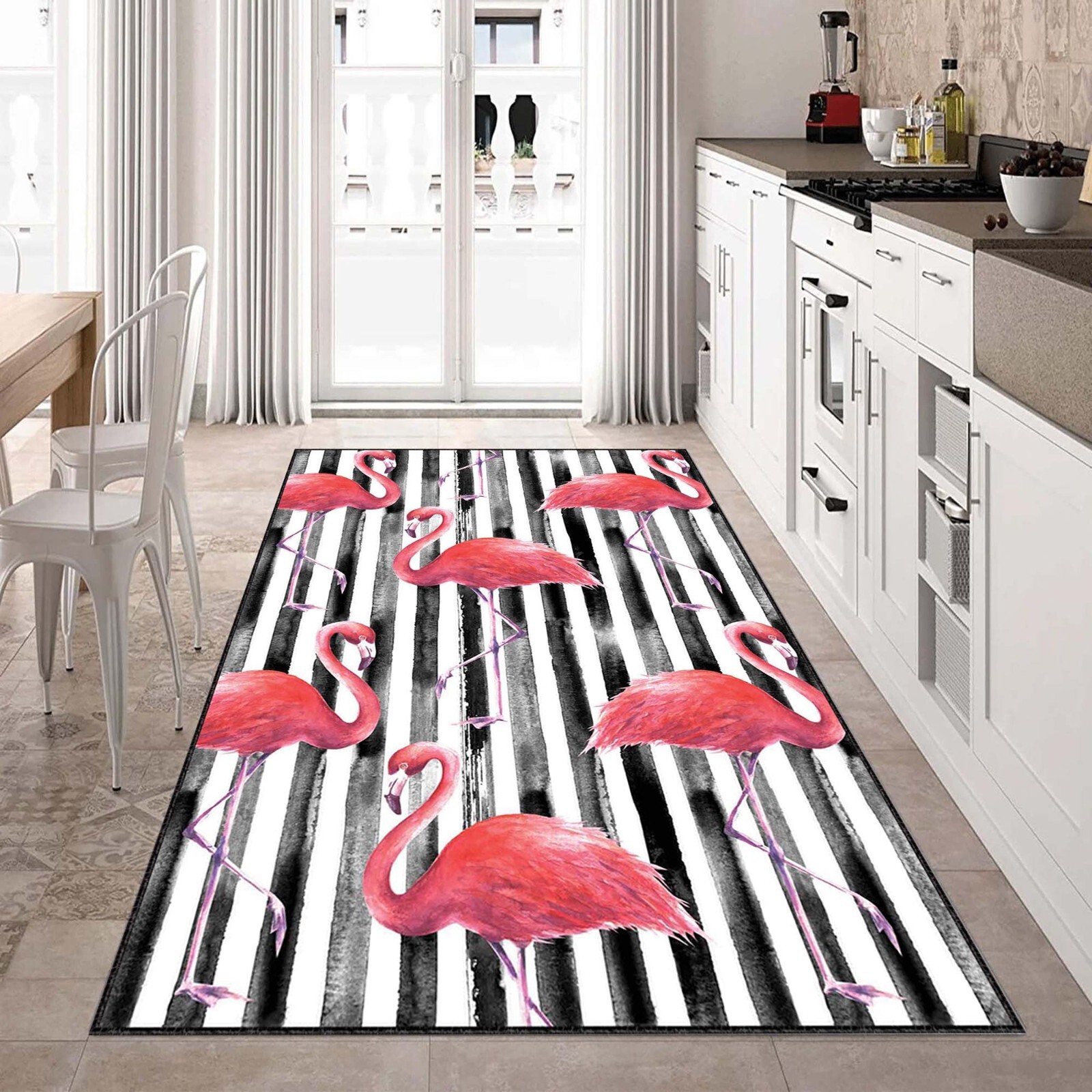 Flamingo Runner Rug, Pink Flamingo Hallway Carpet, Black White Striped Runner