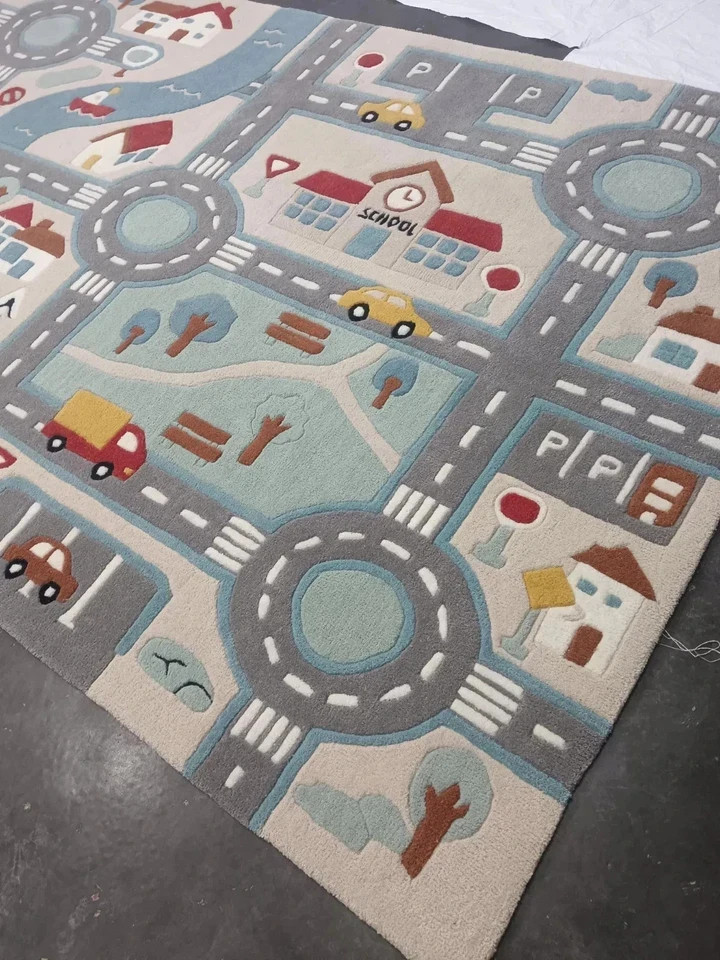 Kids City Road Play Rug | Hand Tufted Wool Playmat | Educational Car Track Rug