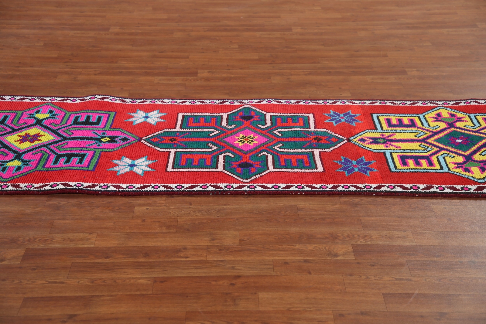 Natural Dye Bohemian Anatolian Turkish 14′ Runner Rug Hand-Knotted Red 3×14 ft