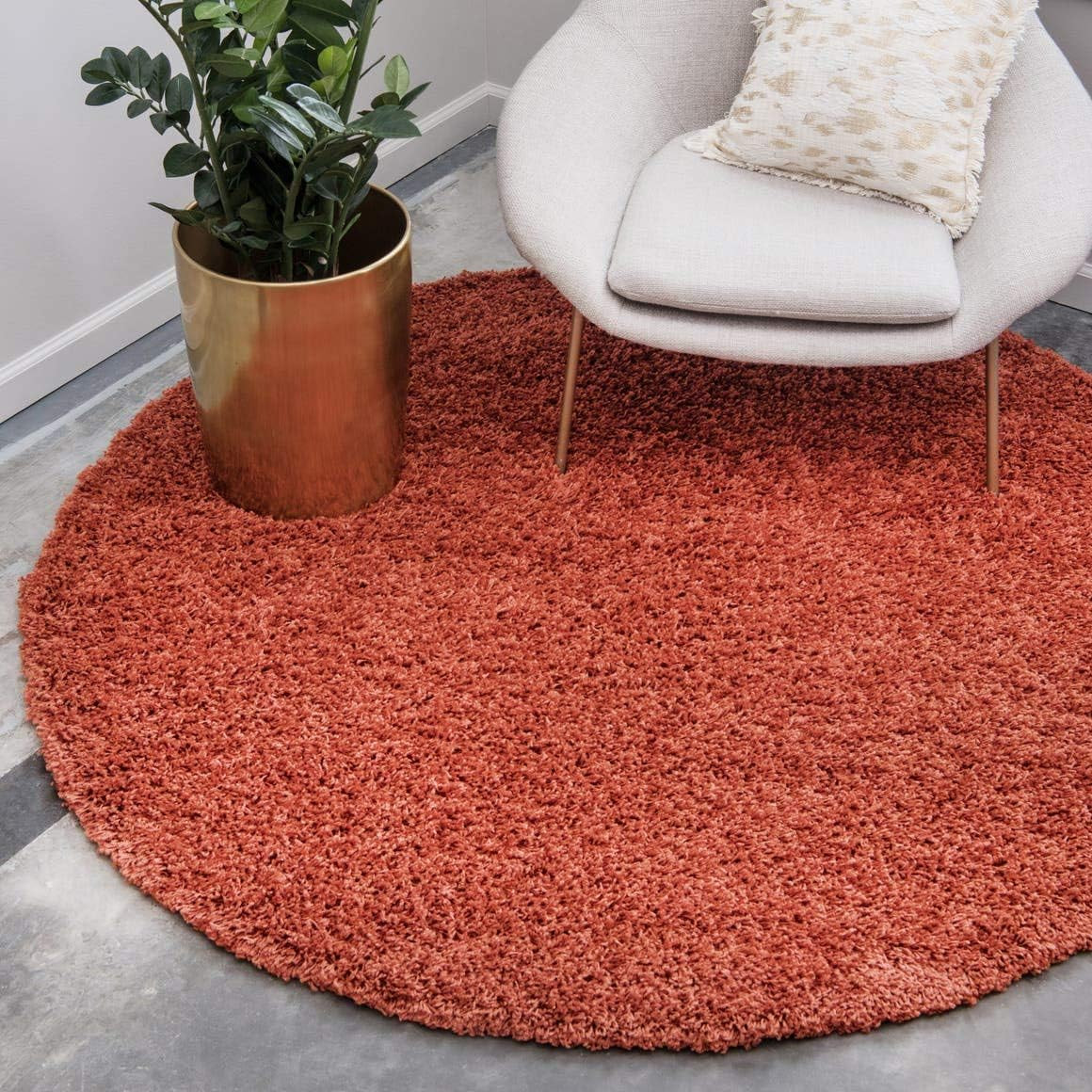 Solid Shag Collection Area Rug (8′ Round, Terracotta)