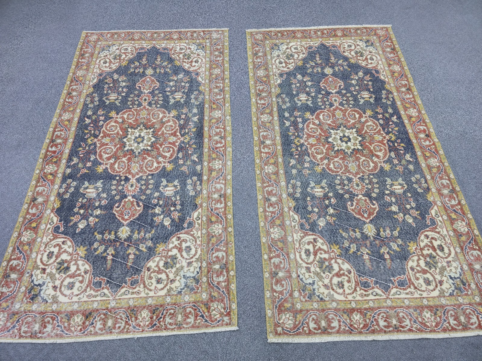 Muted Navy Oushak Wool Rug Pair 3.5×6.7 Twin Vintage Turkish Rugs Terracotta