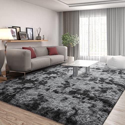 Large Area Rugs for Living Room, 4×6 Feet Tie-Dyed Dark Grey Shaggy Rug