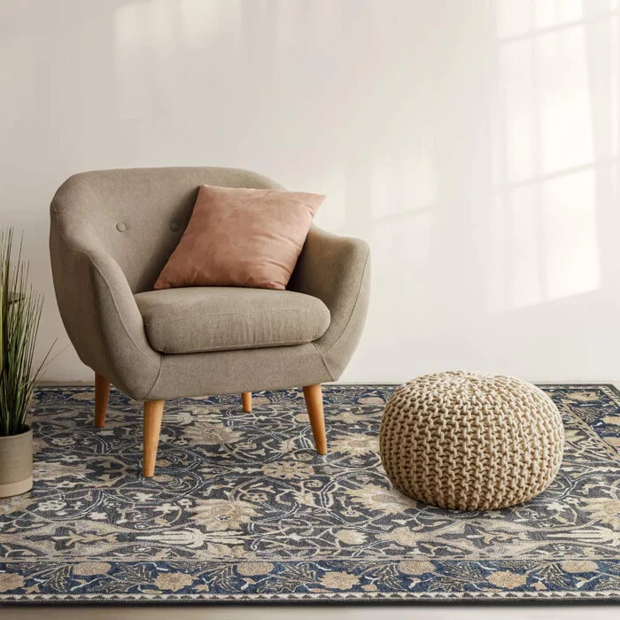 Navy Blue Floral Wool Rug Handmade Tufted Vintage Traditional Area Carpet