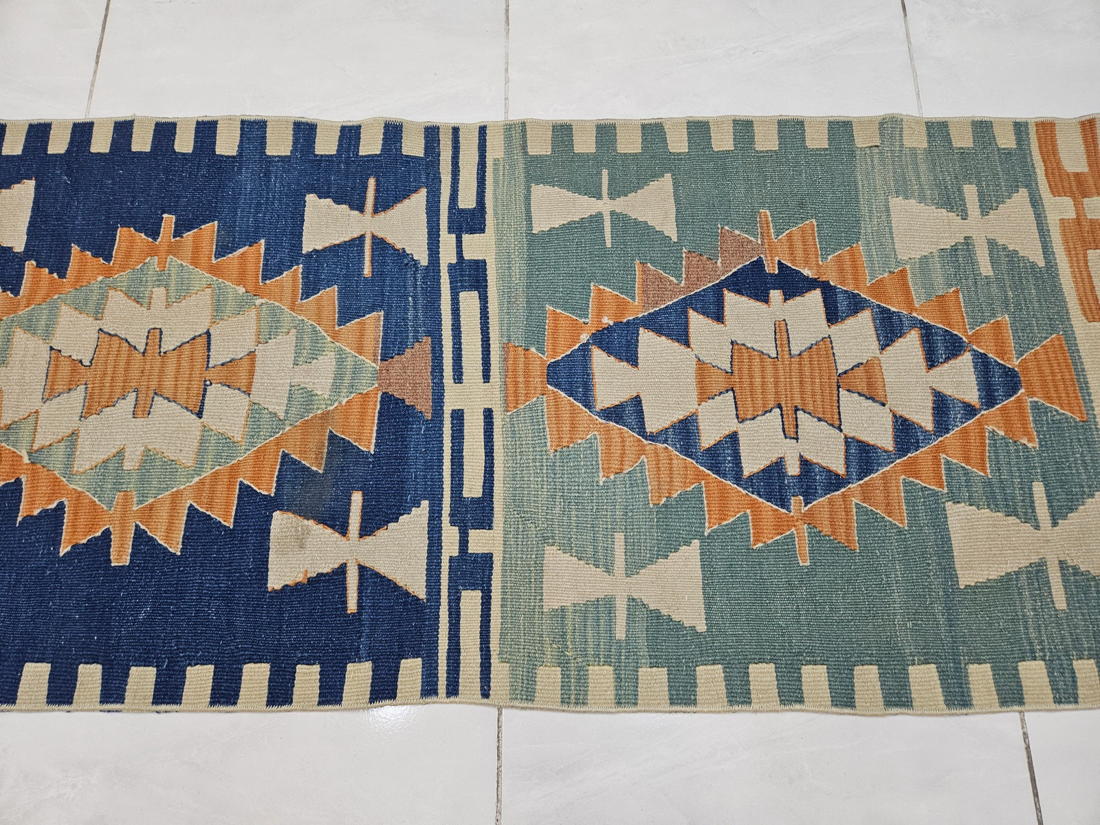Blue Turkish Kilim Runner Rug, Vintage Hallway Carpet (2×8.7 ft)