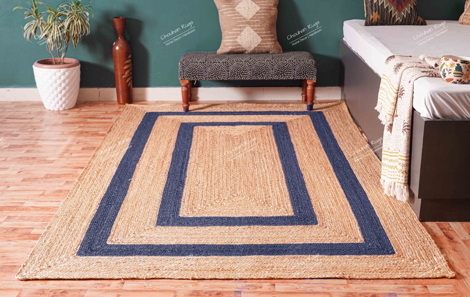 Handmade Jute rug beige with Navy Blue Border Vintage area Rugs for home decor