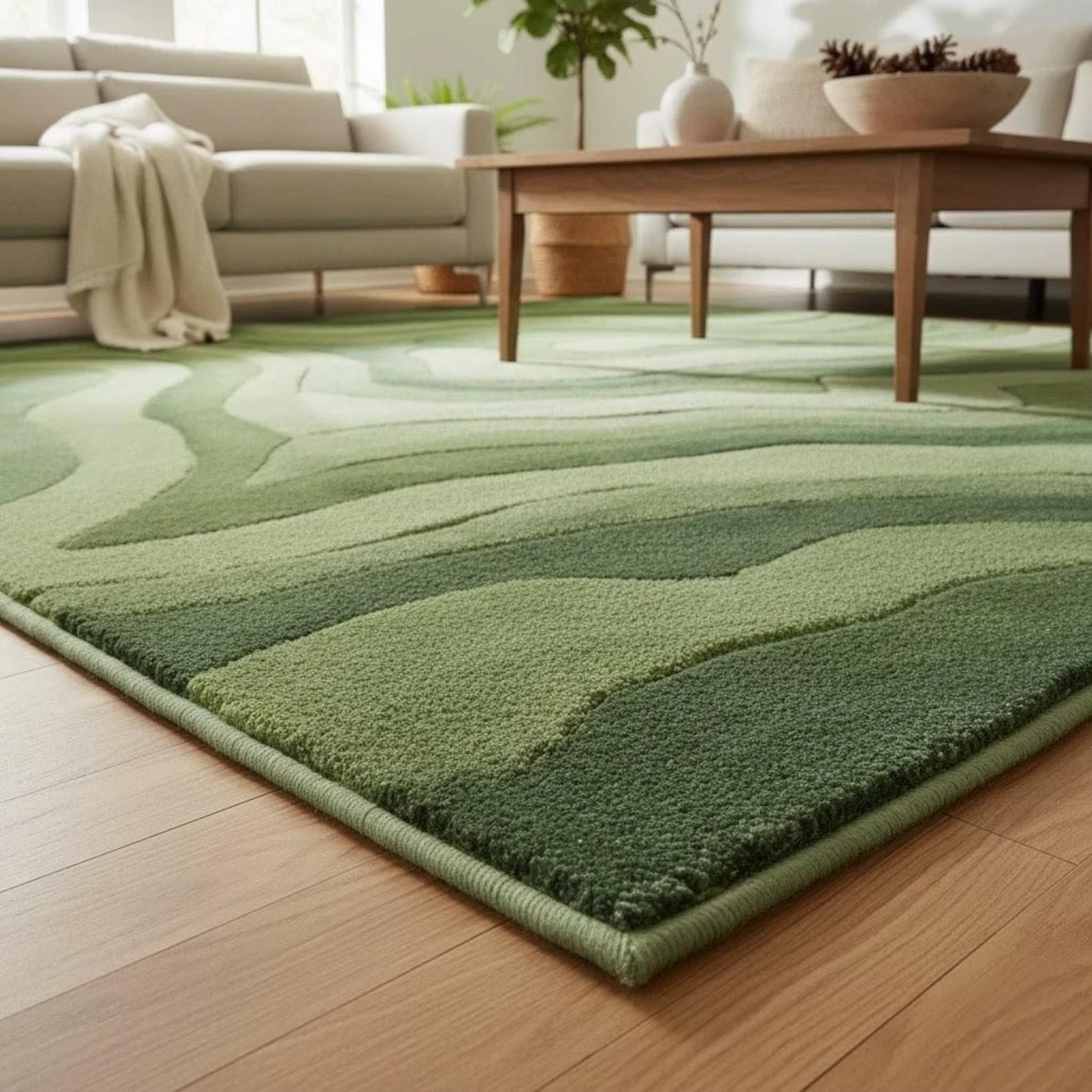 Hand Tufted Green Wool Rug, Modern Organic Wave Design for living room Lucky
