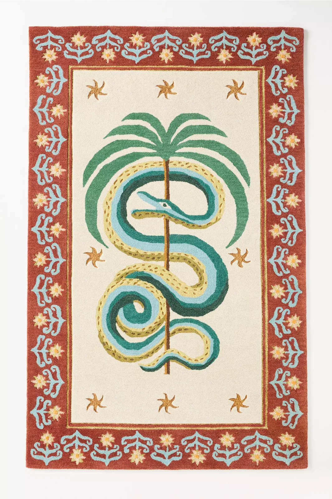 Snake Palm Tree Area Rug 4×6 ft Colorful Hand-Tufted Carpet Exotic Boho Art Deco
