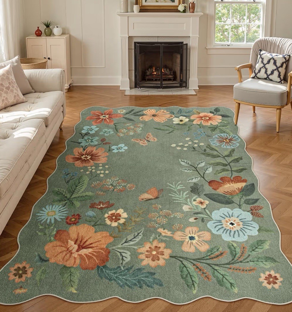 Green Floral Boho Area Rug – Soft Machine Washable, 5 x 7 rectangular Carpet