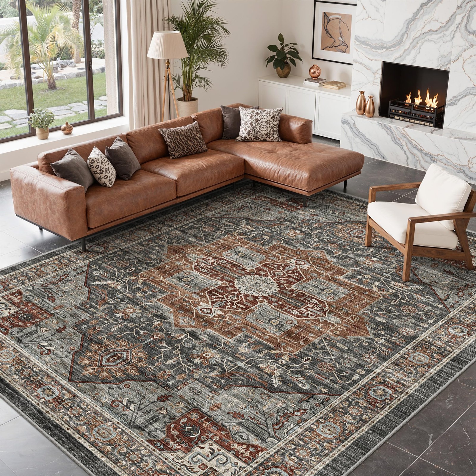 8×10 Washable Area Rugs, Vintage Non Slip Rug, Grey/Brown/Tan