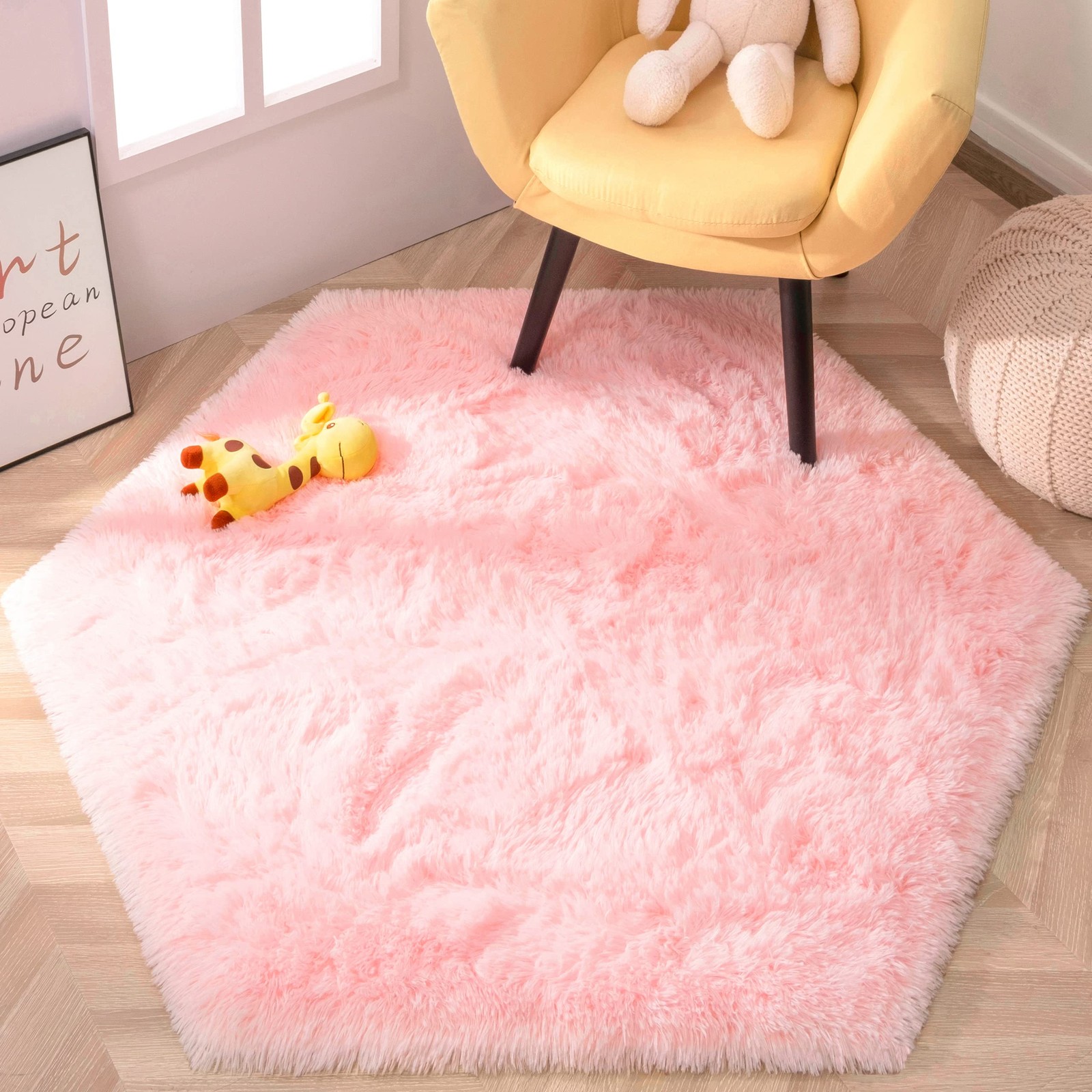 KIXINWA Pink Hexagon Princess Rug, 4.6X4 Ft Castle Play Tent Carpet, Cute Fluffy