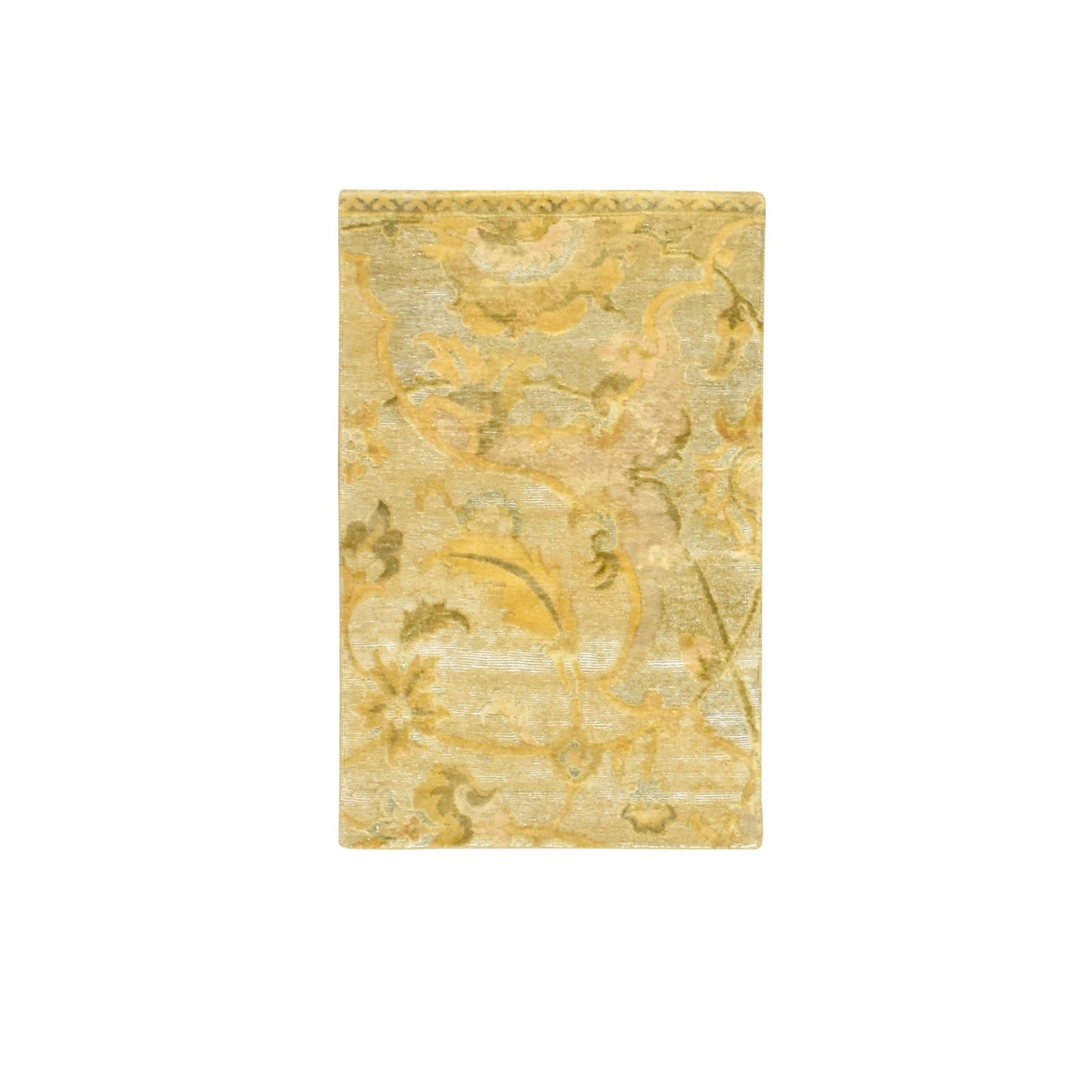 2’x3′ Yellow Zoroastrian Polonaise Influence Design Silk Hand Knotted Mat Rug