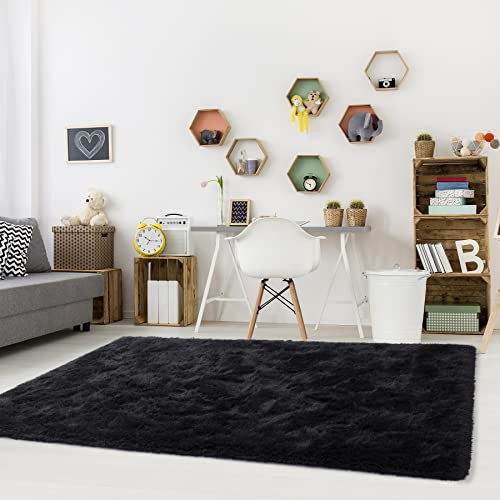 Fluffy Bedroom Rug Carpet,Shaggy Fuzzy Rugs for Bedroom,Soft 4×5.3 Feet Black