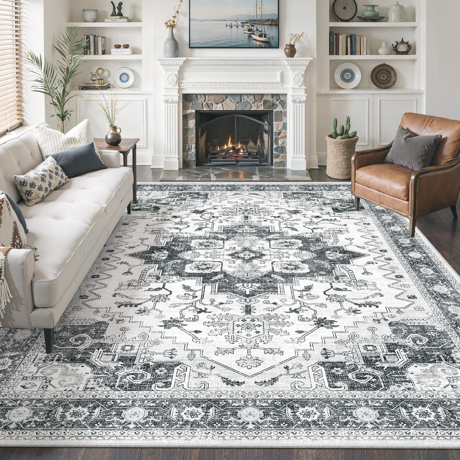 Washable Area Rug 8×10 Stain Resistant Non-Slip Vintage Grey – Soft Carpet