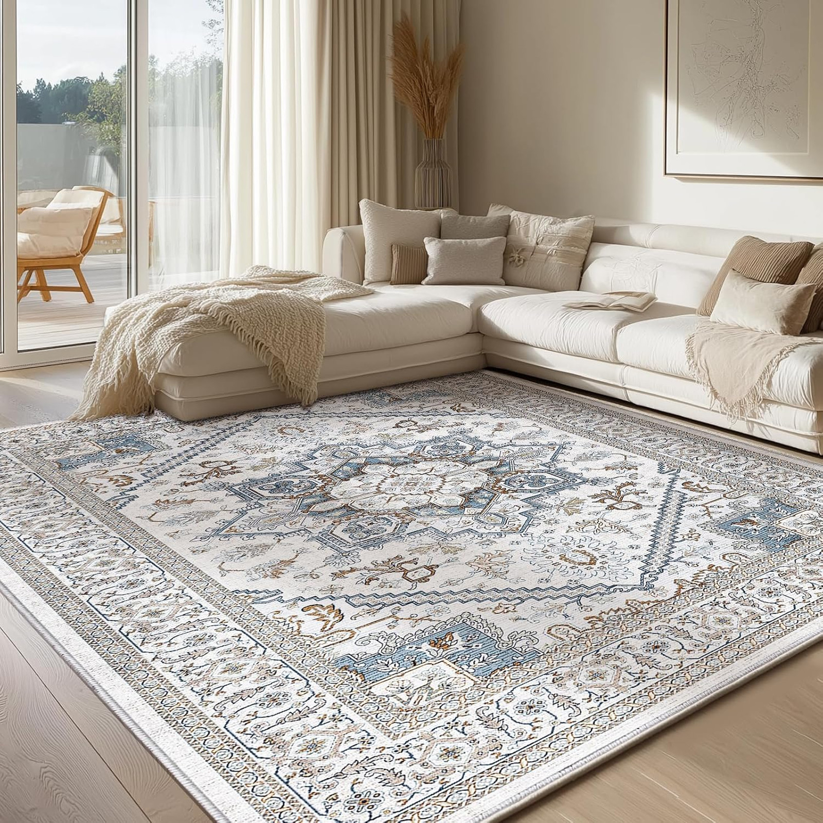 Soft Neutral Area Rug 5×7 Washable Faux Cashmere Low-Pile Carpet with Non Slip