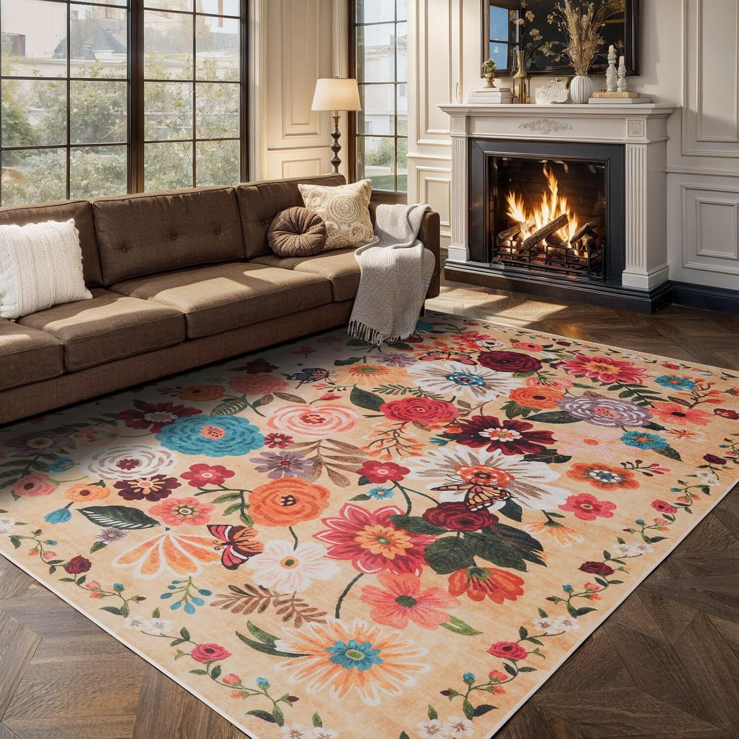 4×6 Washable Boho Floral Area Rug Non Slip Low Pile Green Carpet for Bedroom