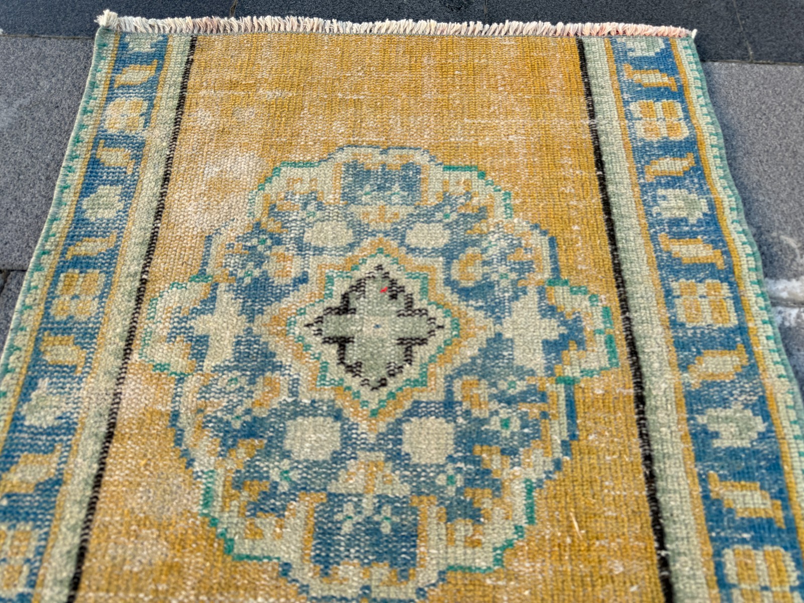Small Vintage Turkish Oushak Rug 2.2×4.2 ft Yellow Door Mat Kitchen Rug