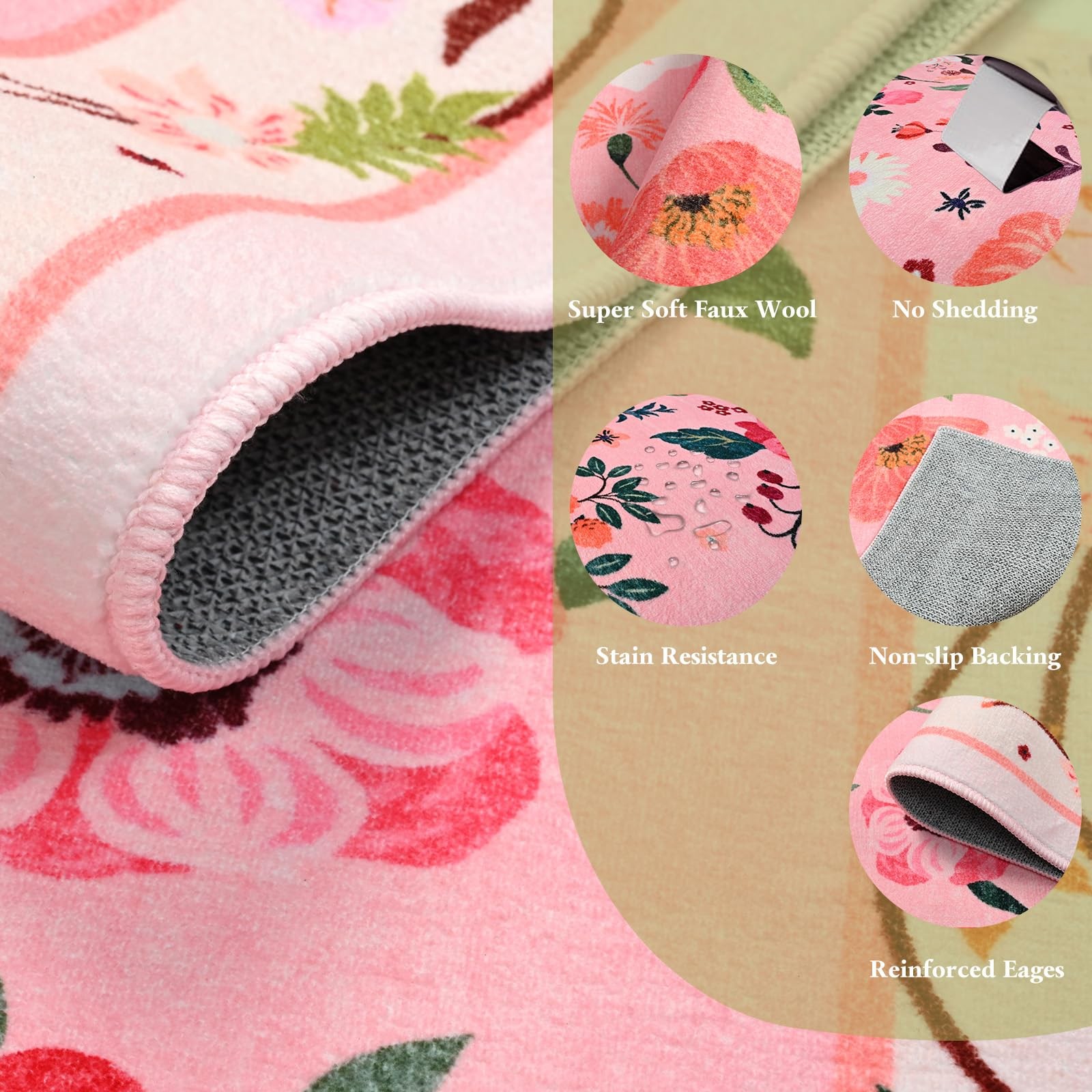 8×10 Pink Floral Area Rug for Living Room,Boho Machine Washable Ultra-Thin Ru…