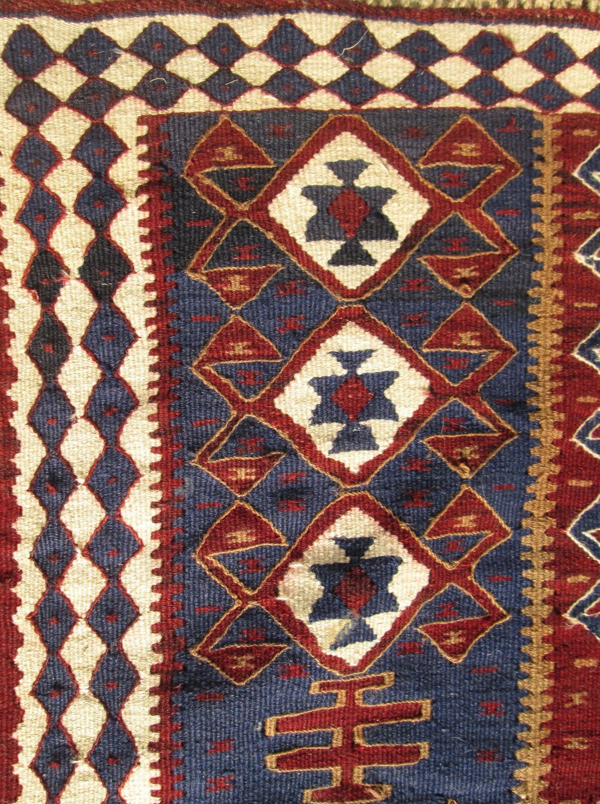 Wool Kilim Rug Flat Weave Red Blue Brown White Geometric Design 95 x 60 inches