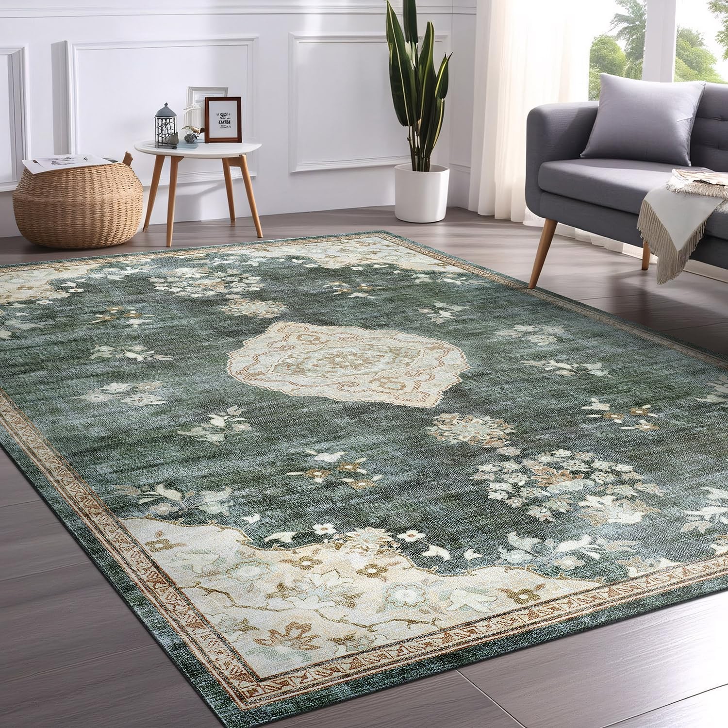 New Beverly Rug Non Slip Rugs 5×7 Boho Medallion Floral Skid Rubber Backing Easy