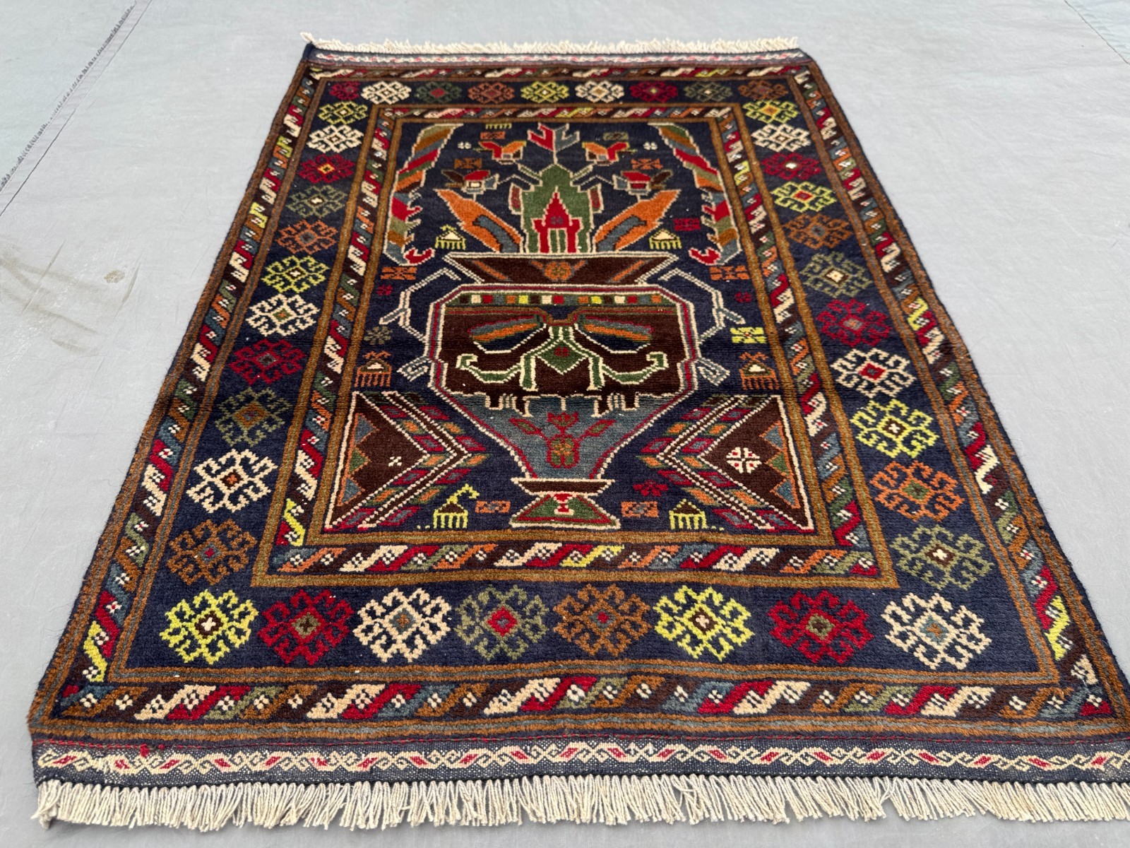 2’5 x 3’4 Ft Rare Afghan Baluchi Pictorial Rug Hand Tribal Vase Animal Design.