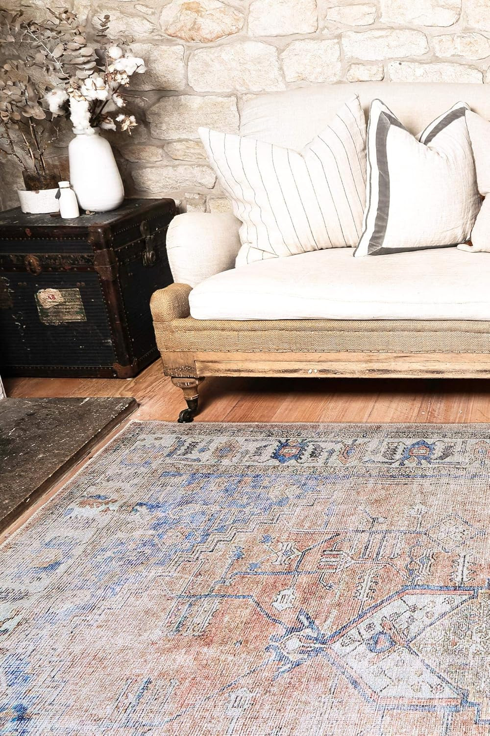 Distressed Vintage Pissarro Terracotta Sky Area Rug Wipe Clean, Machine Washable