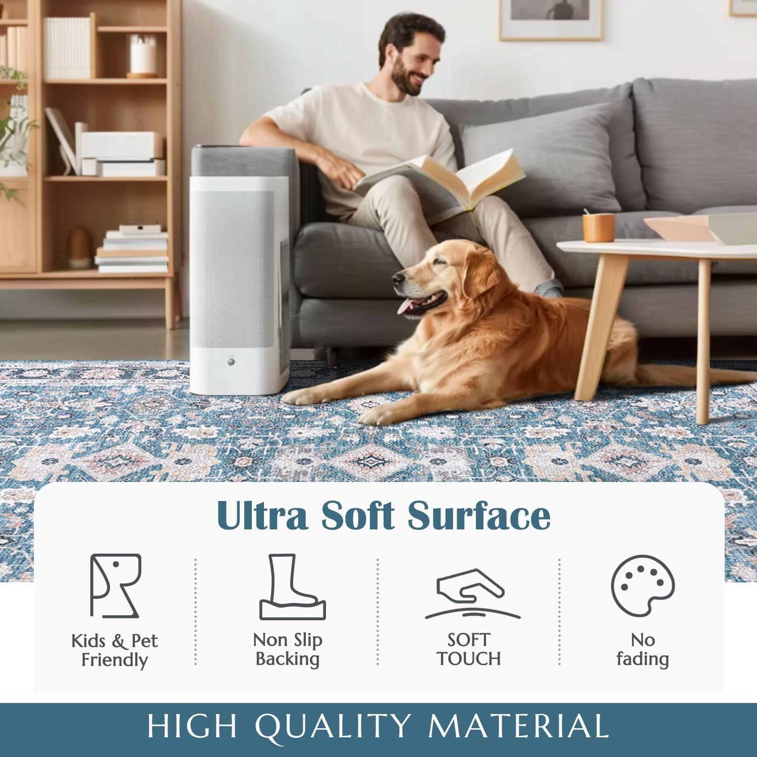 6×9 Vintage Floral Area Rug Washable Non-Slip Living Room Bedroom Blue