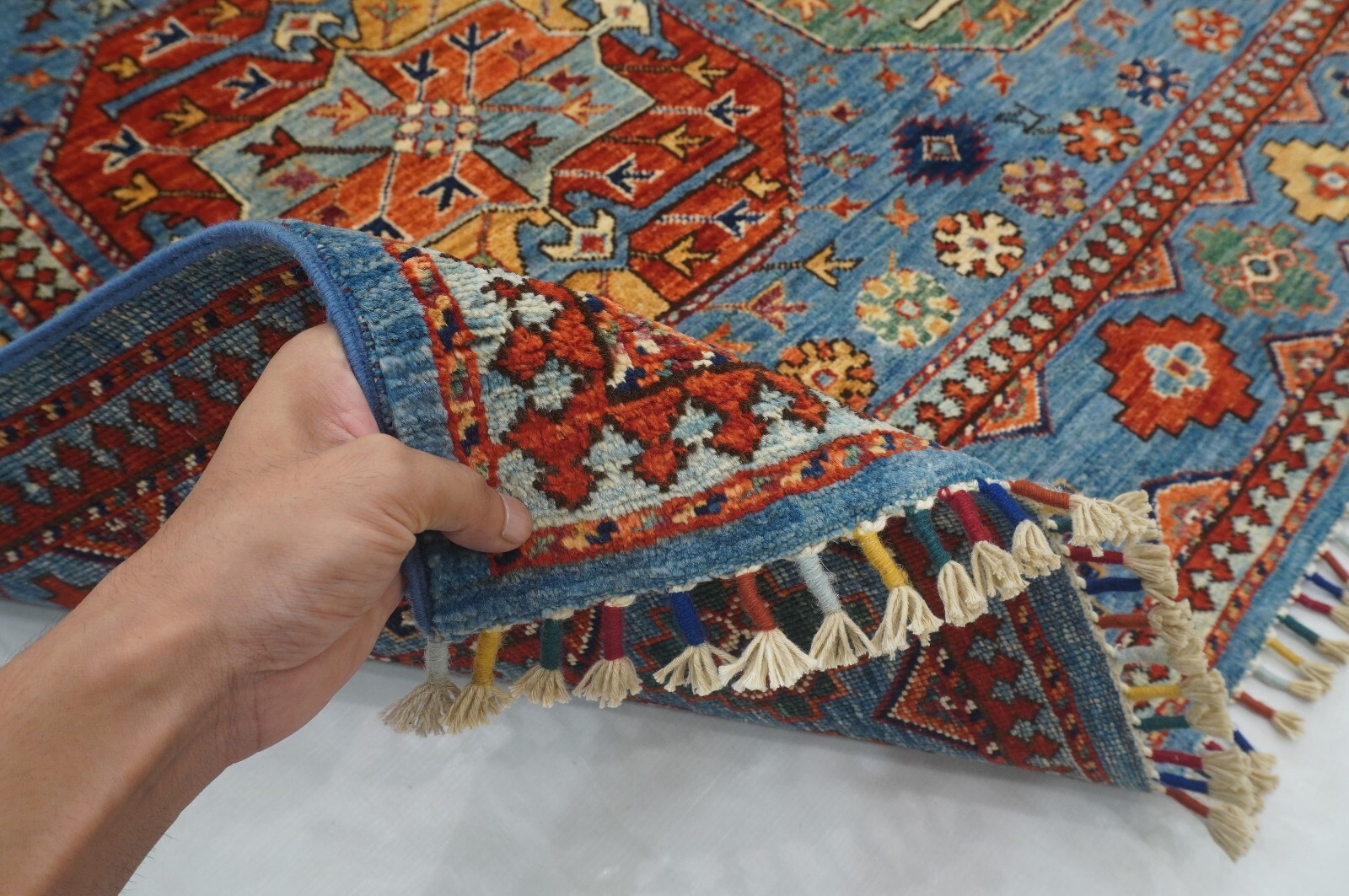 5 x 7 ft Blue Ersari Afghan Hand Knotted Wool Geometric Tribal Area Rug
